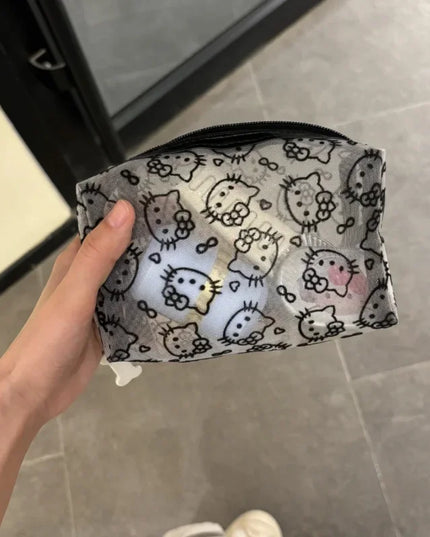 New Hello Kitty Mesh Material Cosmetics Storage Bag Creative High-Capacity Portable Zipper Handbag Cute Girls' Supplie