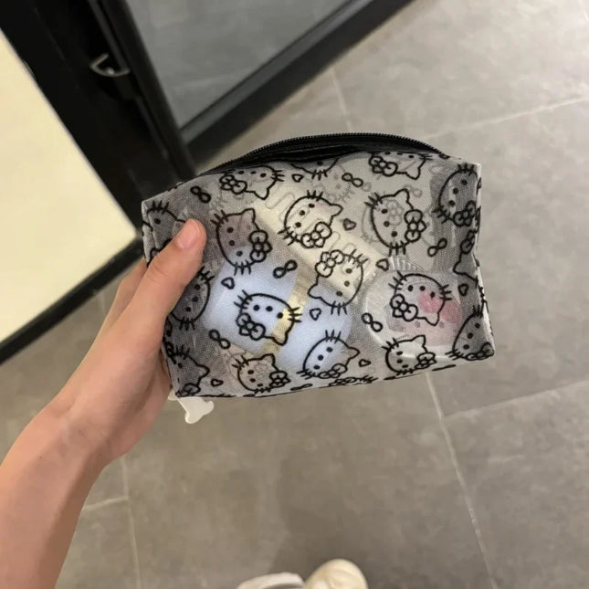 New Hello Kitty Mesh Material Cosmetics Storage Bag Creative High-Capacity Portable Zipper Handbag Cute Girls' Supplie