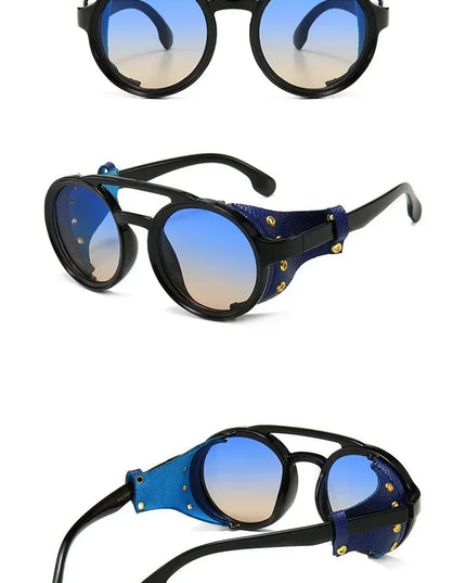 Steampunk Shields Sunglasses Men Women Classic SunGlasses With Side Leather Round Eyewear Pink UV400 Lens