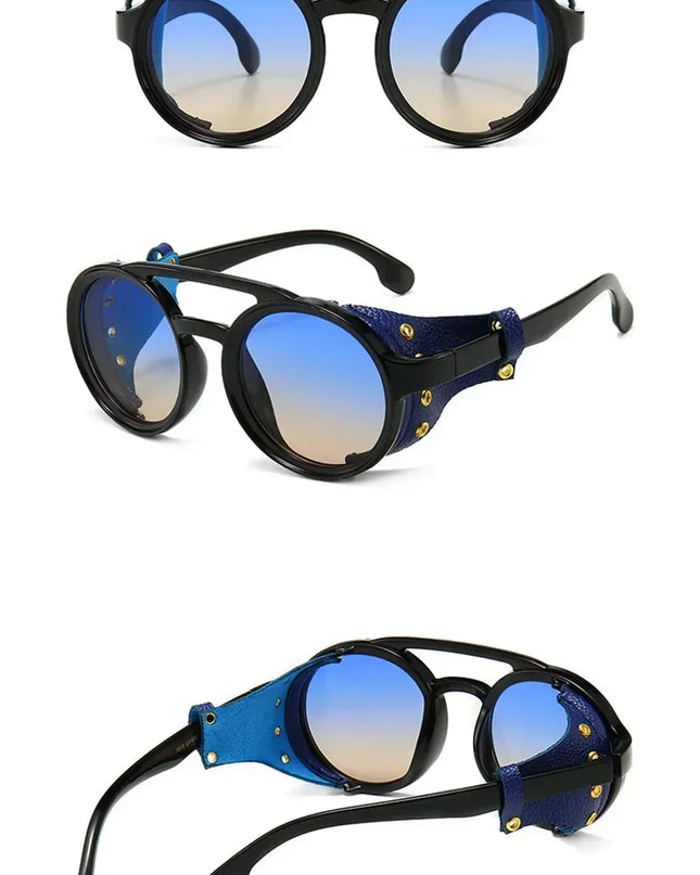 Steampunk Shields Sunglasses Men Women Classic SunGlasses With Side Leather Round Eyewear Pink UV400 Lens