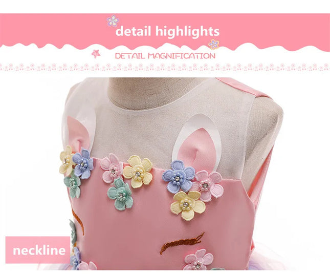Girl Unicorn Cosplay Dress Children Party Birthday Princess Costume Sleeveless Trailing Wedding Christmas Outfit Girl Clothing