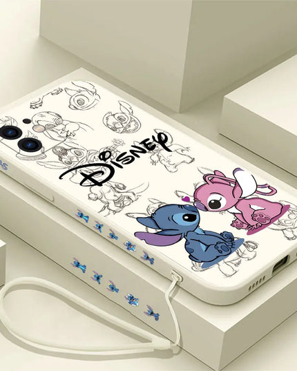 Disneys Super Cute Stitchs Couple Case For iPhone 16 15 14 13 12 11 Pro Max Mini X XR XSMAX 8 7 6S Plus Cover With Hand Strap