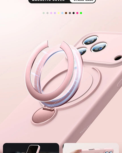 360 Magnetic Stand Liquid Silicone Phone Case For iPhone 17 Air 13 14 15 16 Pro Max Plus Magsafe Charge Holder Protector Cover
