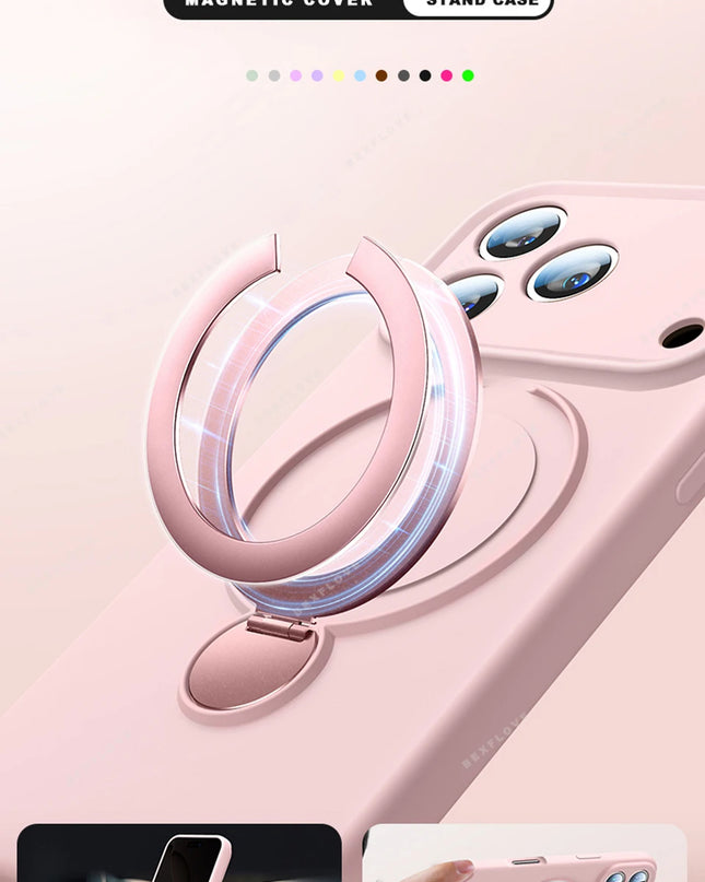 360 Magnetic Stand Liquid Silicone Phone Case For iPhone 17 Air 13 14 15 16 Pro Max Plus Magsafe Charge Holder Protector Cover