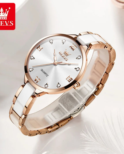 OLEVS 5872 Woman Watches Imported Japan Quartz Movement Waterproof Watch for Women Elegant Ceramic Strap Ladies Wristwatch Gifts