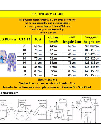 New Spring Children's Clothing Sets Stitch Angel Boy Sleepwear Long sleeved pants Clothes Kids Pajamas Set Baby Girls Pyjamas