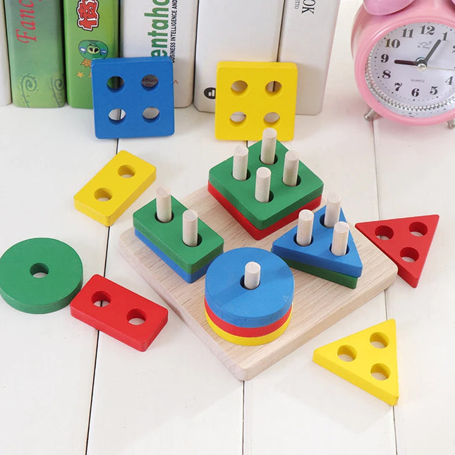 Montessori Wooden Educational Toys for Children 1 2Y Baby Shape Color Sorter Block Puzzles Toddler Large Geometric Stacking Toys