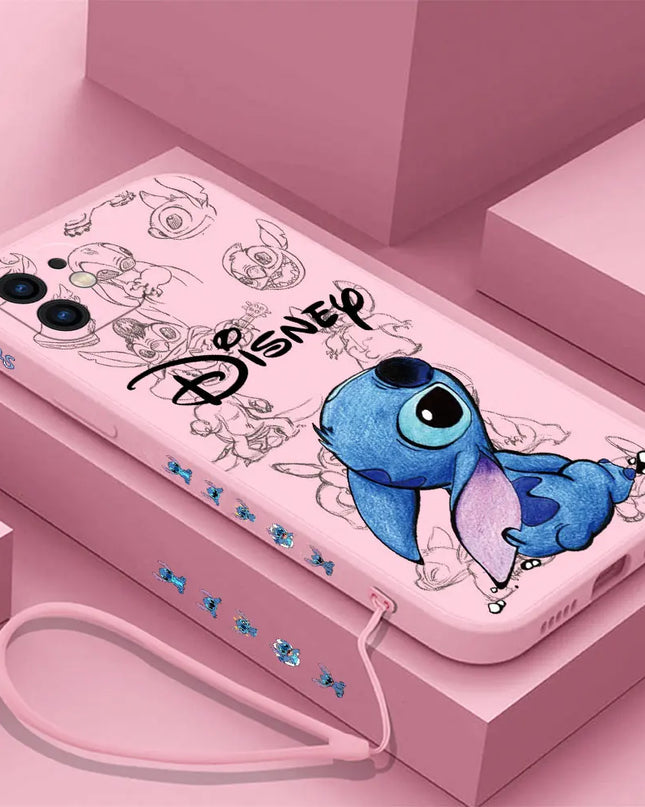 Disneys Super Cute Stitchs Couple Case For iPhone 16 15 14 13 12 11 Pro Max Mini X XR XSMAX 8 7 6S Plus Cover With Hand Strap