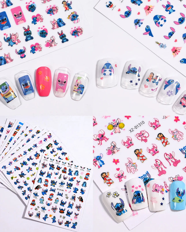 12sheet Cartoon Stitch Angel Nail Stickers Set Multiple Action Kawaii Stitch Nail Art Decals Adhesive Kids Manicure Decorations