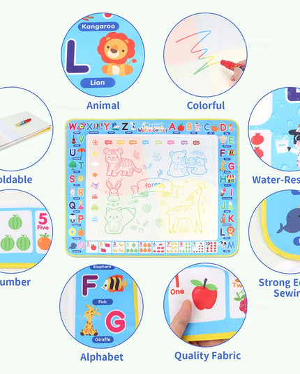 No Mess Magic Water Drawing Mat Doodle Board Reusable Educational Toy with Pens & Stamps, Gift for Toddler Boys Girls