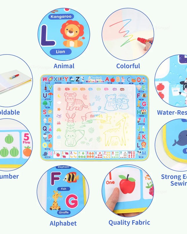 No Mess Magic Water Drawing Mat Doodle Board Reusable Educational Toy with Pens & Stamps, Gift for Toddler Boys Girls
