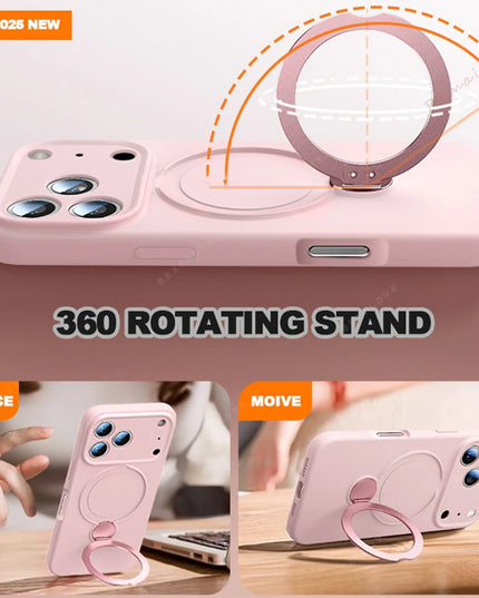 360 Magnetic Stand Liquid Silicone Phone Case For iPhone 17 Air 13 14 15 16 Pro Max Plus Magsafe Charge Holder Protector Cover