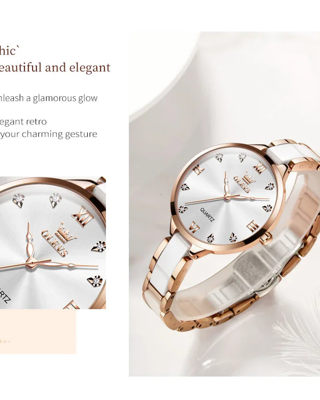 OLEVS 5872 Woman Watches Imported Japan Quartz Movement Waterproof Watch for Women Elegant Ceramic Strap Ladies Wristwatch Gifts