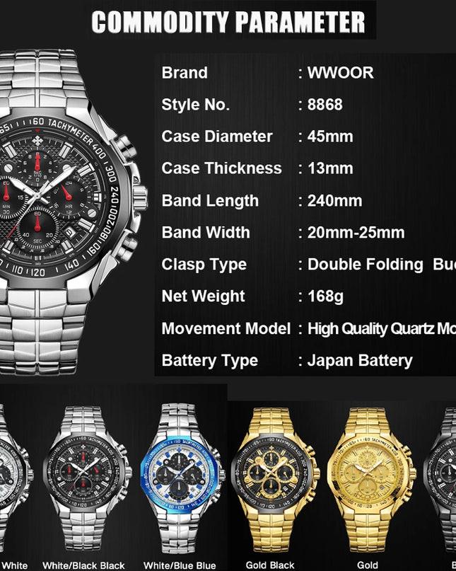 Sports Watches For Men Fashion Quartz Men Big Clock WWOOR Top Brand Luxury Military Full Steel Waterproof Chronograph Wristwatch