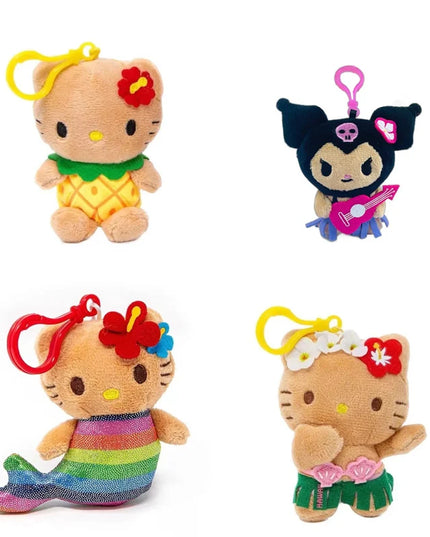 Hot Anime Hello Kitty Kuromi Dolls Filled Keychain Dark Skin Hawaiian Series Cartoon Accessory Toys Bag Pendant Charms