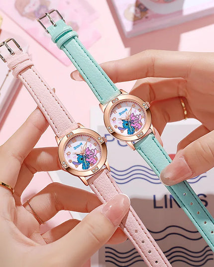 Fashion Cartoon Pattern Stitch Girls Watches Kids Leather Strap Children Watch with Rhinestone Dial reloj stich Exquisite Gift