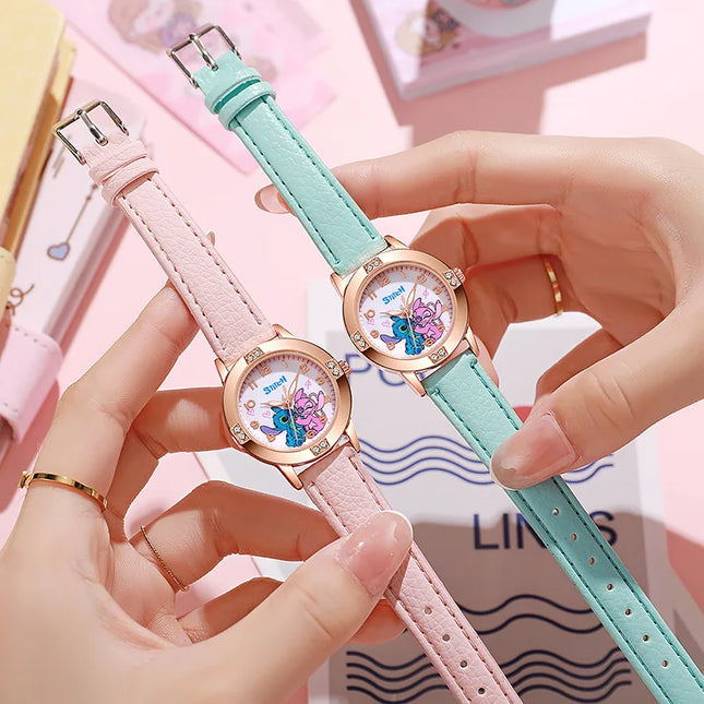 Fashion Cartoon Pattern Stitch Girls Watches Kids Leather Strap Children Watch with Rhinestone Dial reloj stich Exquisite Gift