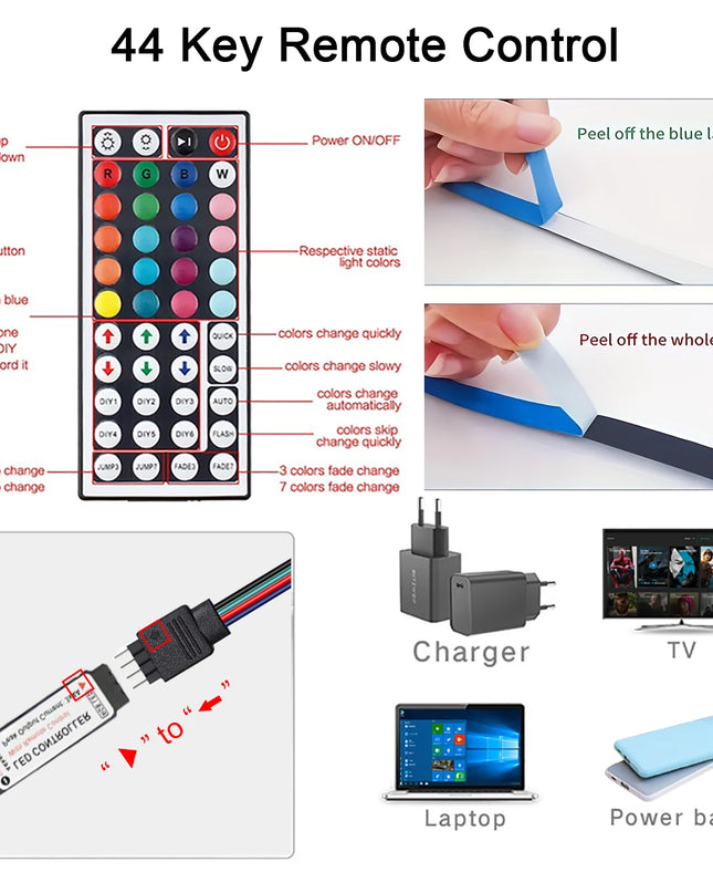 Led Strip Lights with 44 Key Remote Control 1m 5m 10m 20m RGB Tape Led Wall Room for Home Bedroom Party Decor TV Backlight