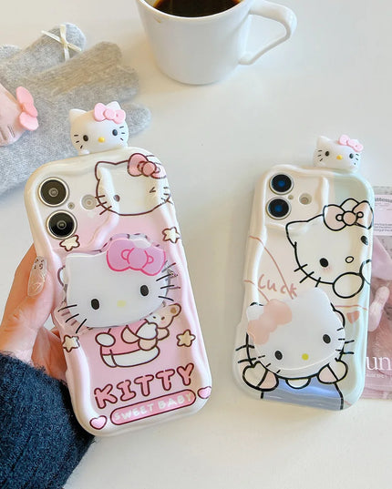 Pink Kitty Head Toy Grip Tok Holder Cartoon Wave Soft Phone Case For iPhone 16 Plus 15 14 Pro Max 13 Mini 12 11 X XS XR 7 8 SE