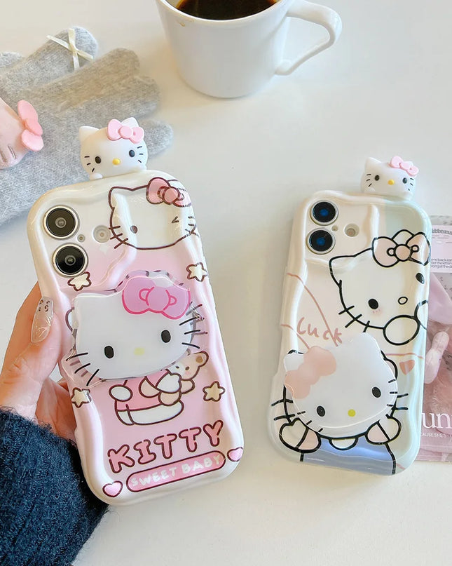 Pink Kitty Head Toy Grip Tok Holder Cartoon Wave Soft Phone Case For iPhone 16 Plus 15 14 Pro Max 13 Mini 12 11 X XS XR 7 8 SE