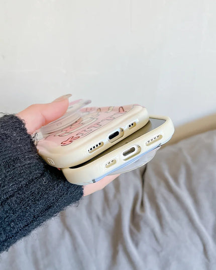 Pink Kitty Head Toy Grip Tok Holder Cartoon Wave Soft Phone Case For iPhone 16 Plus 15 14 Pro Max 13 Mini 12 11 X XS XR 7 8 SE