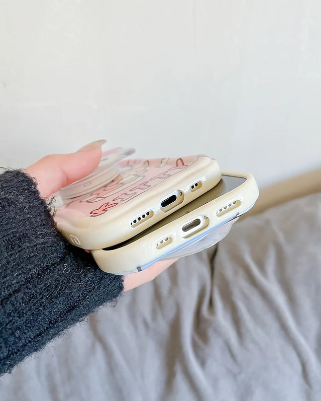 Pink Kitty Head Toy Grip Tok Holder Cartoon Wave Soft Phone Case For iPhone 16 Plus 15 14 Pro Max 13 Mini 12 11 X XS XR 7 8 SE