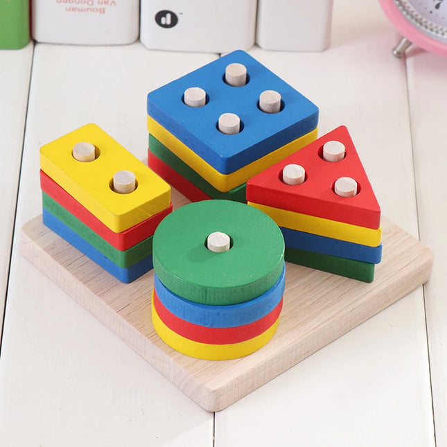 Montessori Wooden Educational Toys for Children 1 2Y Baby Shape Color Sorter Block Puzzles Toddler Large Geometric Stacking Toys