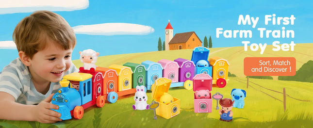 Toddler Learning Toys Montessori Train Set with Farm Animals Counting Sorting Toys Fine Motor Finger Puppets Games For Gifts
