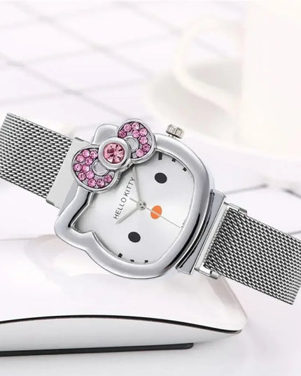 Hello Kitty Bow Diamond Watch Sanrio Anime Fashionable Quartz Watches Cute Cartoon Magnet Watches Girls Birthday Gifts