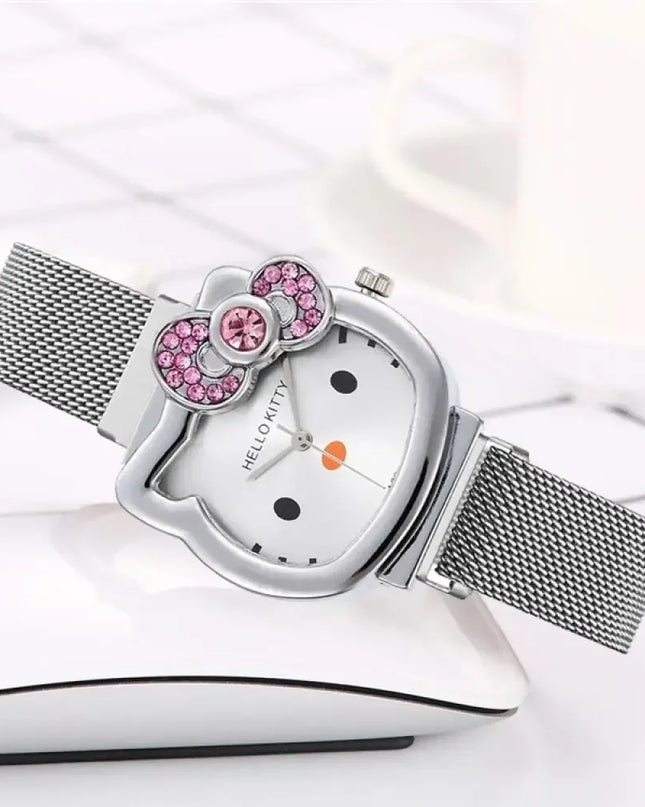 Hello Kitty Bow Diamond Watch Sanrio Anime Fashionable Quartz Watches Cute Cartoon Magnet Watches Girls Birthday Gifts