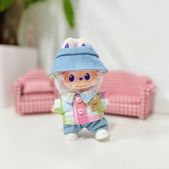 Handsome Labubu 4.0 Clothes Kawaii Bucket Hat Shirt Pants Set Mini Plush Doll Clothing Fashion Doll Accessories Gift