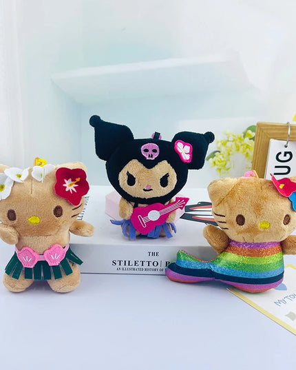 Hot Anime Hello Kitty Kuromi Dolls Filled Keychain Dark Skin Hawaiian Series Cartoon Accessory Toys Bag Pendant Charms