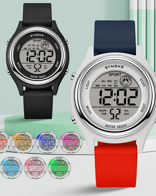SYNOKE Colorful Children Seven Lights Watches Sport Students Digital Watch For Kids Waterproof Electronic Watch Shock Resist