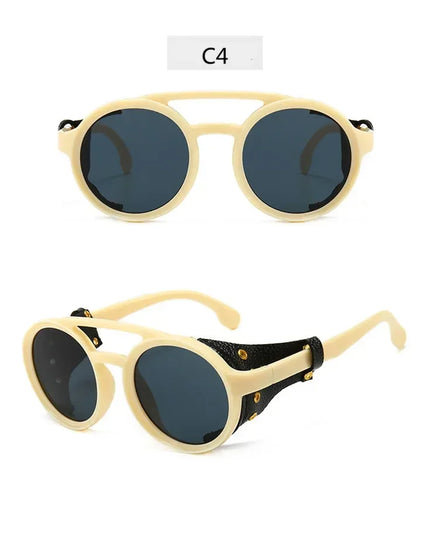 Steampunk Shields Sunglasses Men Women Classic SunGlasses With Side Leather Round Eyewear Pink UV400 Lens