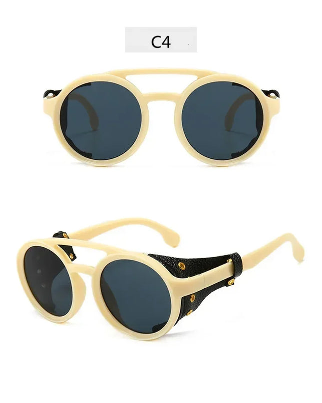 Steampunk Shields Sunglasses Men Women Classic SunGlasses With Side Leather Round Eyewear Pink UV400 Lens