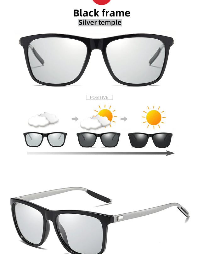 Classic Fishing Sunglasses Men Polarized Metal Square Frame UV400 Photochromic Goggles Women Driving Discoloration Eyewear