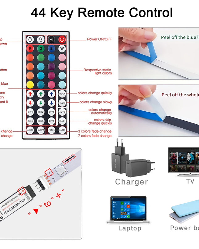 Led Strip Lights with 44 Key Remote Control 1m 5m 10m 20m RGB Tape Led Wall Room for Home Bedroom Party Decor TV Backlight