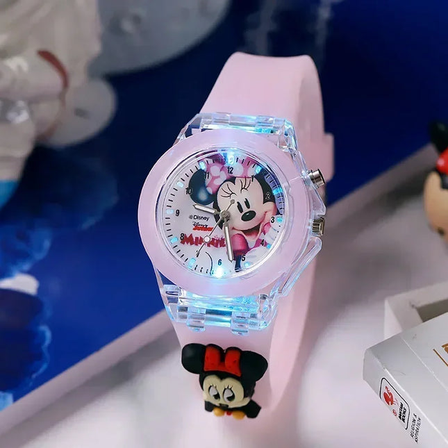 Disney Fashion Minnie Children's Watch Mickey Mouse Children's Flash Light Cartoon Figure Doll Boys Girls Birthday Gifts