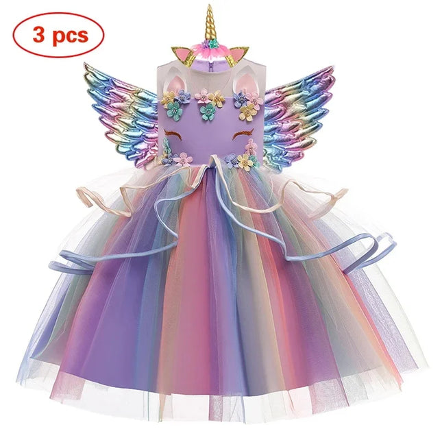 Girl Unicorn Cosplay Dress Children Party Birthday Princess Costume Sleeveless Trailing Wedding Christmas Outfit Girl Clothing