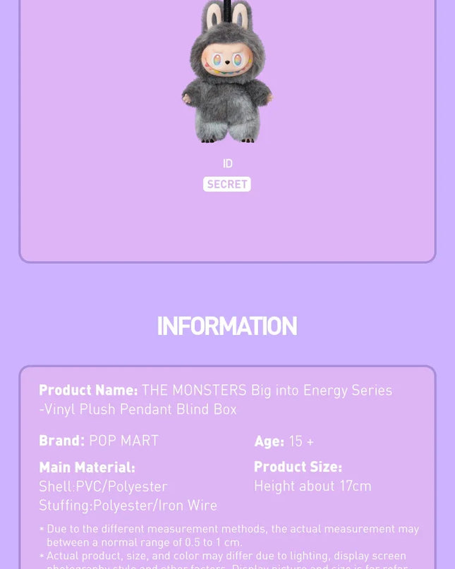 POP MART Cute Decoration The Monsters Plush Doll  Blind mystery Box Big into Energy Series V3.0 Toy For Collection Home Labubu