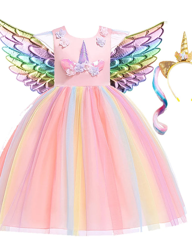 Kids Unicorn Dress for Girls Party Dresses Flower Appliques Ball Gown Little Girl Princess Costumes Summer Children Dresses