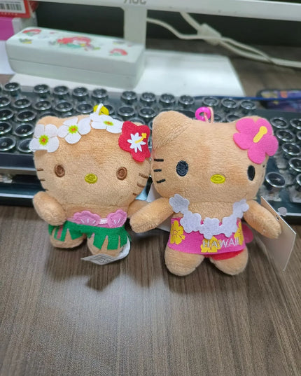 Hot Anime Hello Kitty Kuromi Dolls Filled Keychain Dark Skin Hawaiian Series Cartoon Accessory Toys Bag Pendant Charms