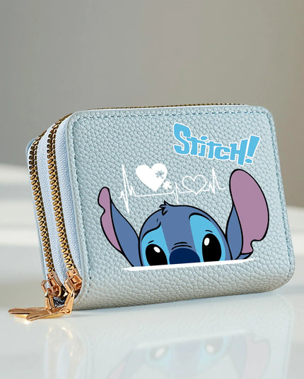 Stitch Design PU Leather Wallet – Double Zipper Short Coin Purse with Card Slots, Cute Cartoon Style, 4 Colors Available