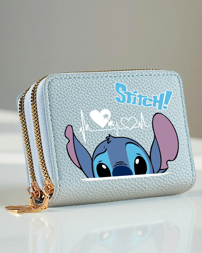 Stitch Design PU Leather Wallet – Double Zipper Short Coin Purse with Card Slots, Cute Cartoon Style, 4 Colors Available