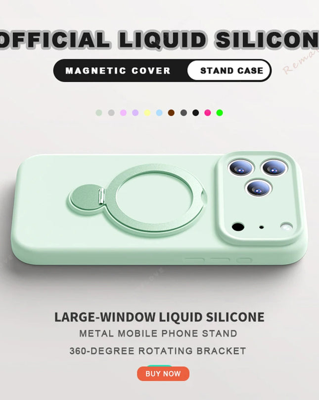 360 Magnetic Stand Liquid Silicone Phone Case For iPhone 17 Air 13 14 15 16 Pro Max Plus Magsafe Charge Holder Protector Cover