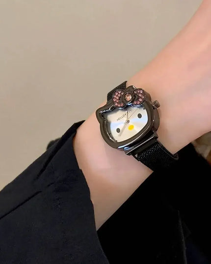 Hello Kitty Bow Diamond Watch Sanrio Anime Fashionable Quartz Watches Cute Cartoon Magnet Watches Girls Birthday Gifts