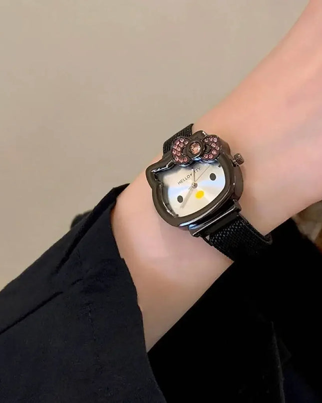 Hello Kitty Bow Diamond Watch Sanrio Anime Fashionable Quartz Watches Cute Cartoon Magnet Watches Girls Birthday Gifts