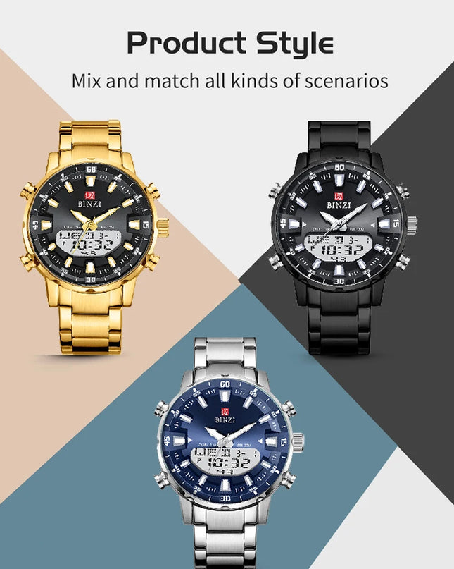 Men Watches 2025 Top Brand Luxury relogio masculino Gold Stainless Steel Band Wrist Watch For Male Clock Men Dual Display watch