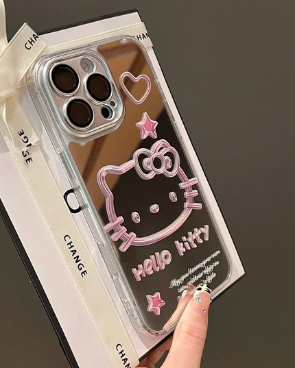 Cute Cartoon Sanrio Y2K Hello Kitty Silver Plating Phone Case For iPhone 16 15 14 13 12 11 Pro Max Cases Mirror Surface  Cover