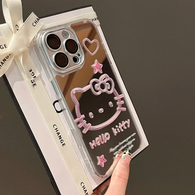 Cute Cartoon Sanrio Y2K Hello Kitty Silver Plating Phone Case For iPhone 16 15 14 13 12 11 Pro Max Cases Mirror Surface  Cover